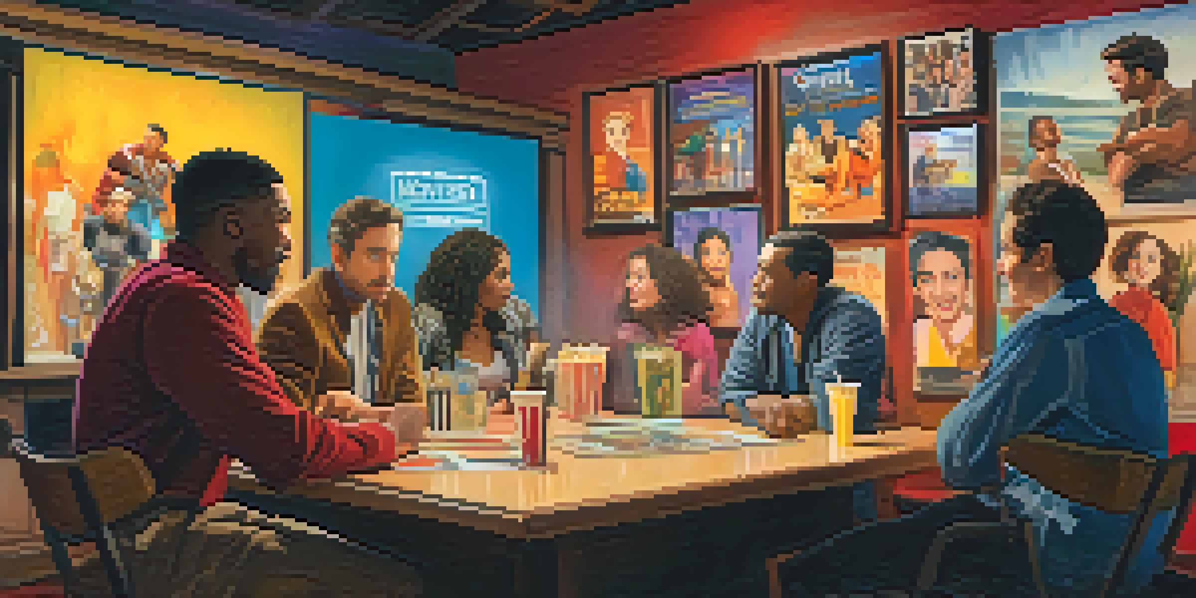 A diverse group of actors on a film set, discussing their characters amidst colorful movie posters and soft lighting.