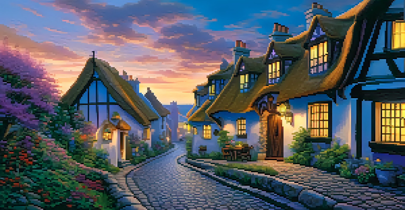 A picturesque medieval village at twilight with glowing lanterns and cobblestone streets.