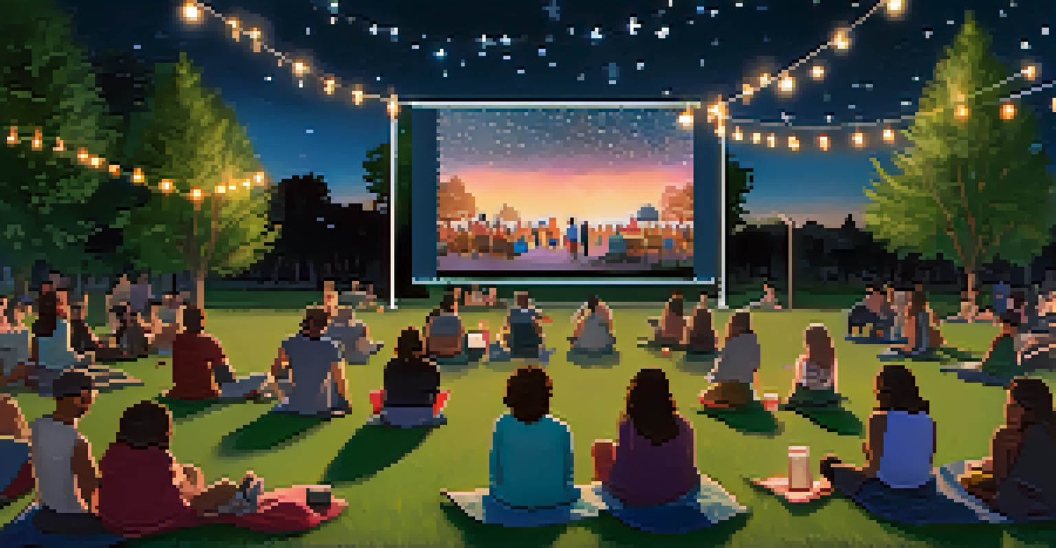 A community gathering in a park watching a movie on a large screen, filled with diverse attendees enjoying the event.