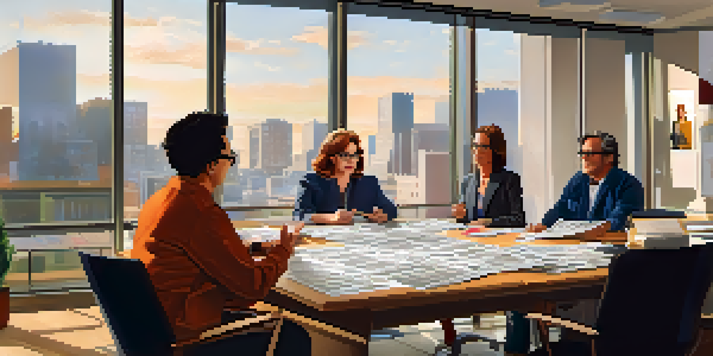 A film producer engaging with a diverse production team in a bright office filled with storyboards and scripts.