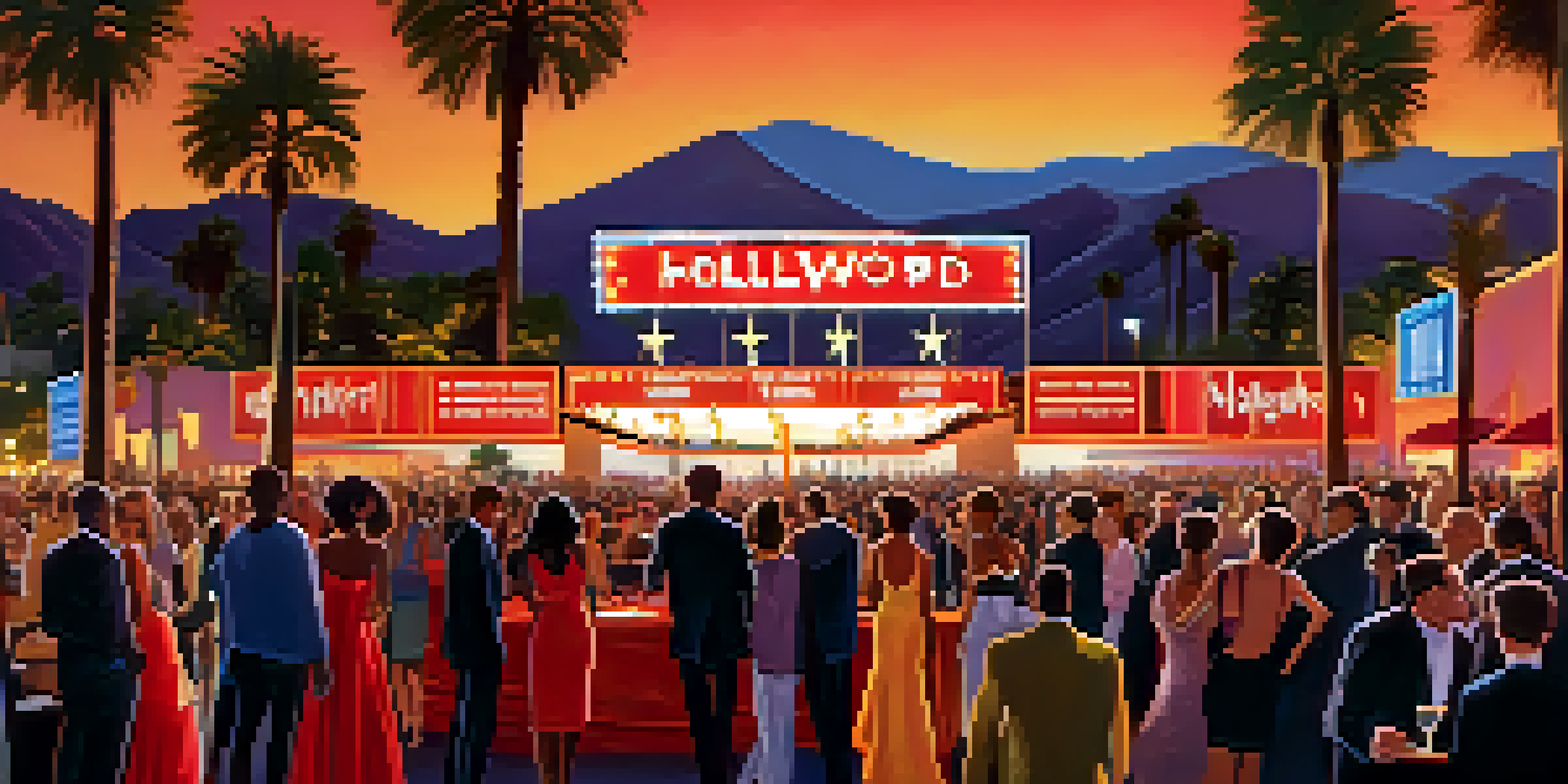 A lively film festival with a red carpet, featuring diverse people in elegant clothing and colorful lights at dusk.