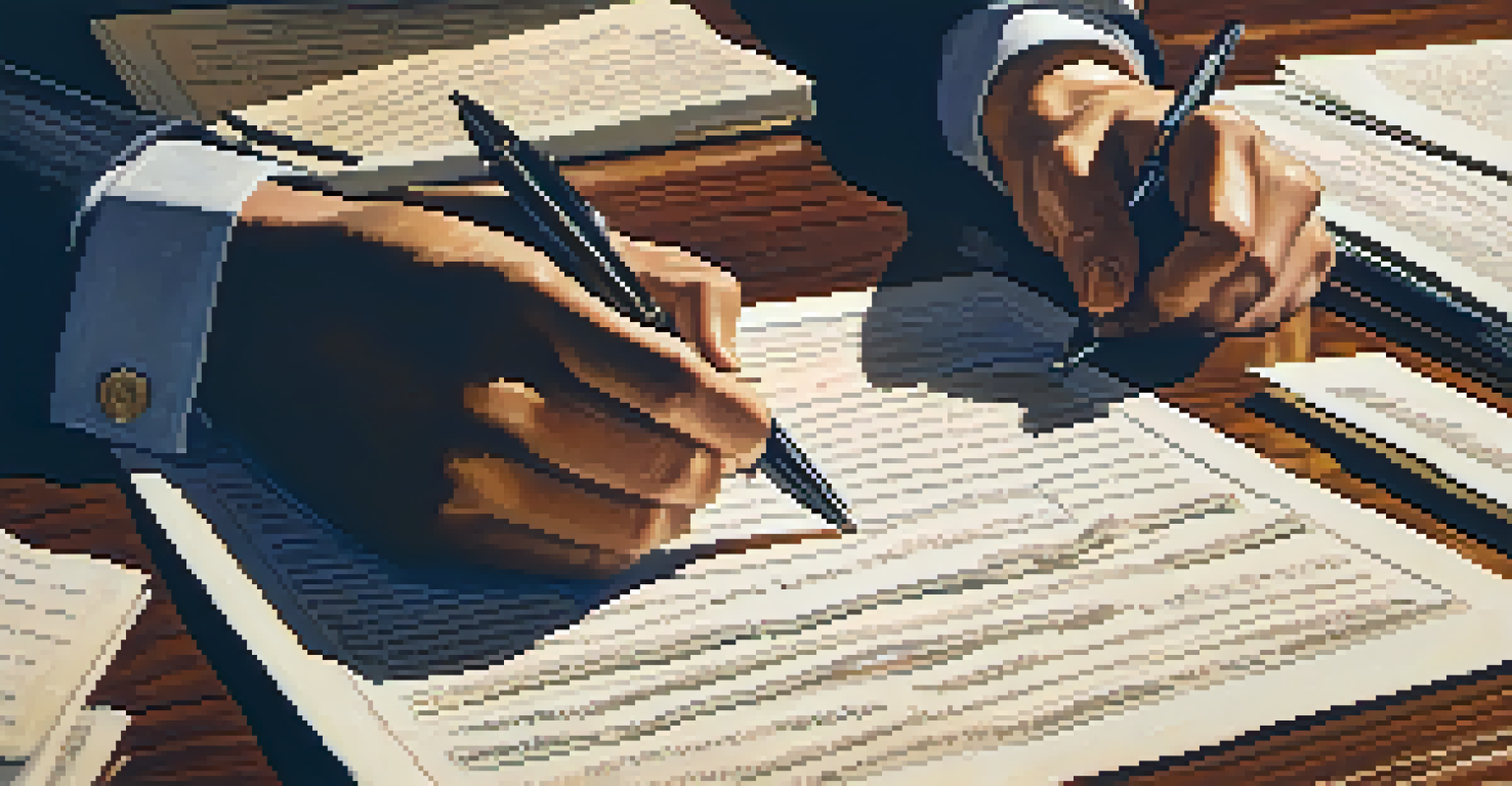 A close-up of an agent's hands negotiating a contract on a desk, with notes and a laptop in a professional setting.