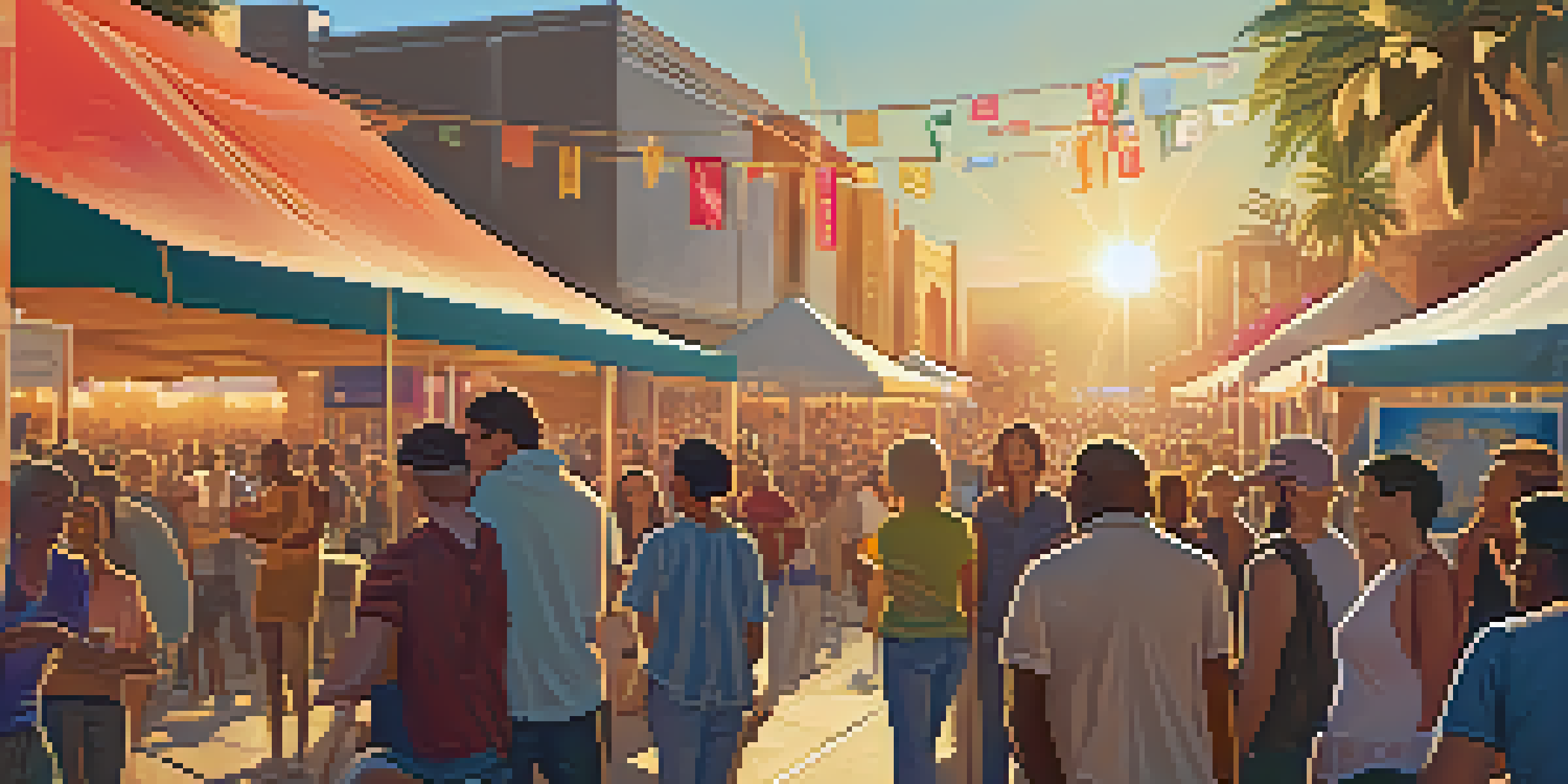 A lively outdoor film festival with a diverse crowd, colorful banners, and a large screen showing films, illuminated by the warm light of the setting sun.