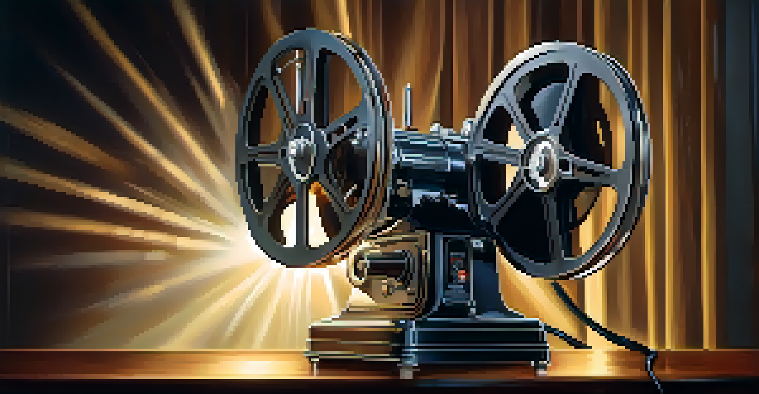 A vintage movie projector casting light on a film reel in a dark setting, creating a nostalgic ambiance.