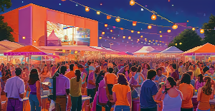 A bustling outdoor film festival at sunset, with a large screen, food trucks, and colorful lights against a vibrant sky.