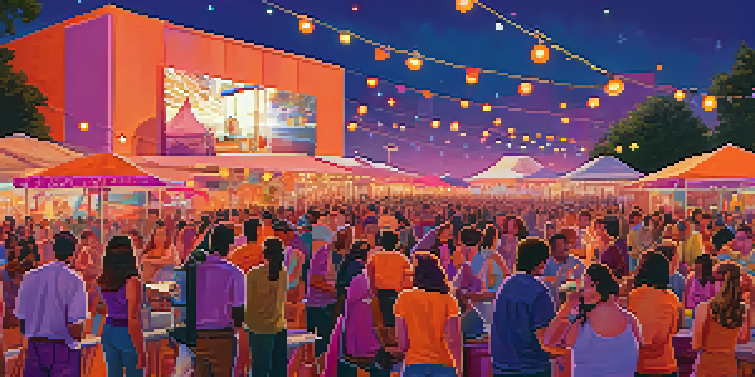 A bustling outdoor film festival at sunset, with a large screen, food trucks, and colorful lights against a vibrant sky.
