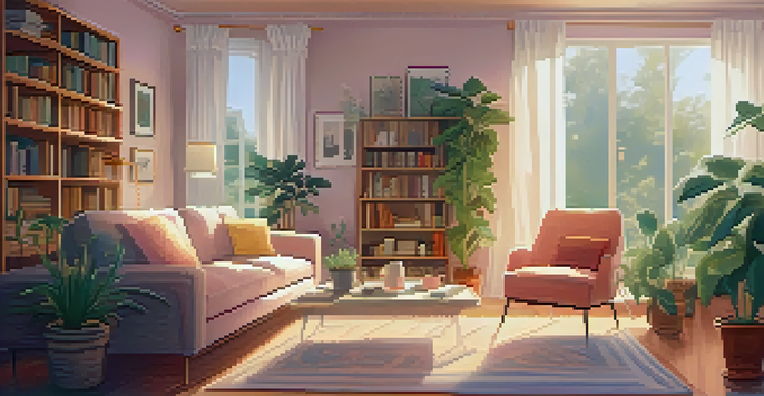 A cozy living room with a sofa, plants, bookshelves, and a coffee table with a steaming cup of tea and an open laptop.