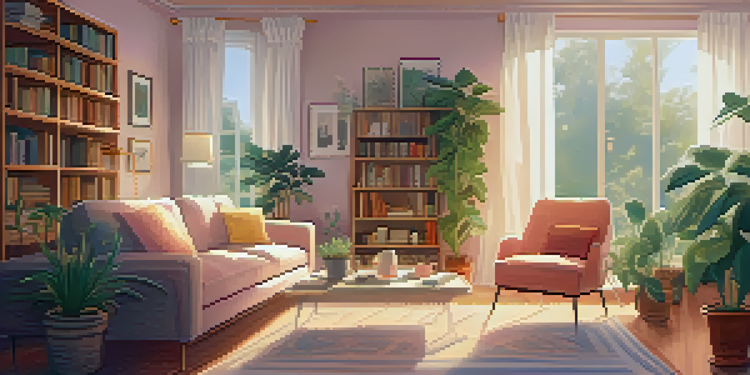 A cozy living room with a sofa, plants, bookshelves, and a coffee table with a steaming cup of tea and an open laptop.