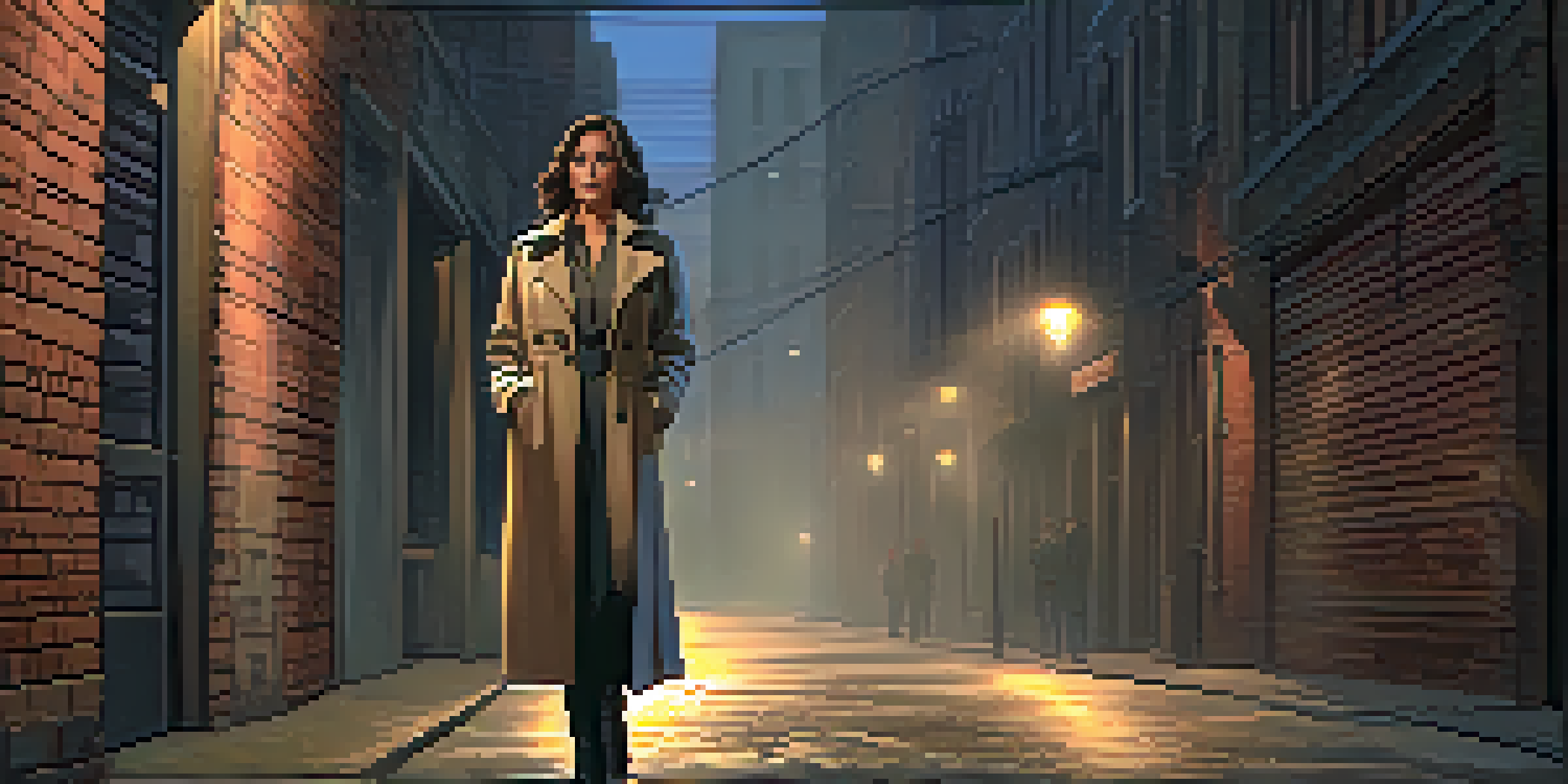 A female detective in a trench coat, illuminated in a dark alley, holding a notepad and flashlight.
