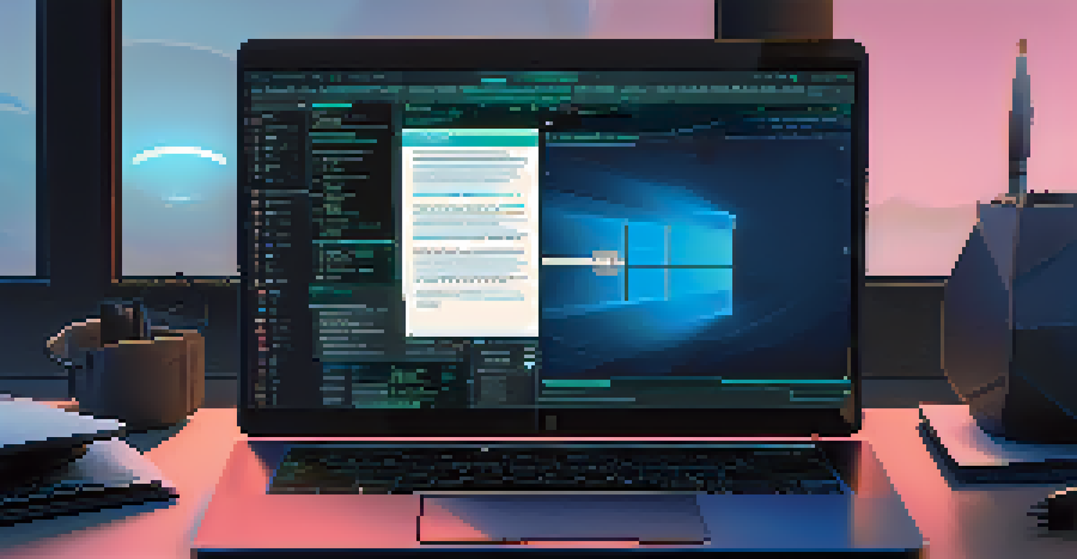 A dark digital workspace with a glowing laptop displaying screenwriting software, featuring a script in progress and ambient blue lighting.