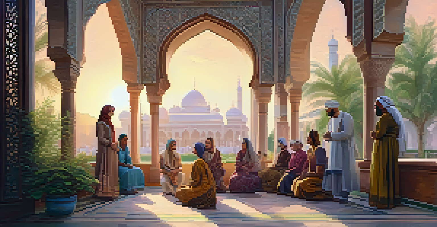 A tranquil mosque courtyard at sunset with people sharing stories, surrounded by beautiful tile work and greenery.