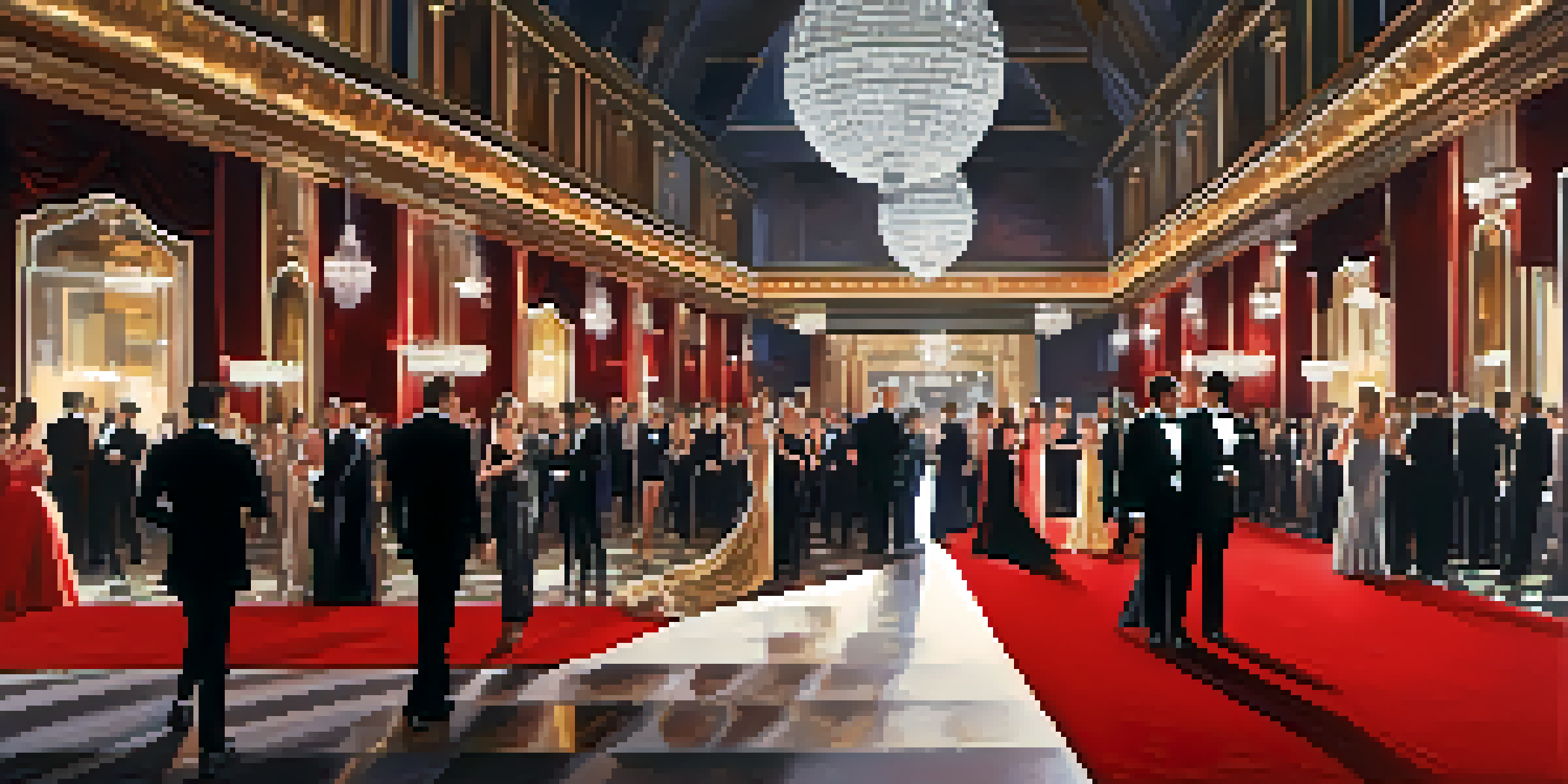 A vibrant red carpet event featuring celebrities in stunning attire, surrounded by photographers capturing the glamorous moment.