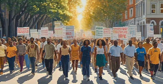 A diverse group of activists marching peacefully in a city street with banners advocating for equality and justice.