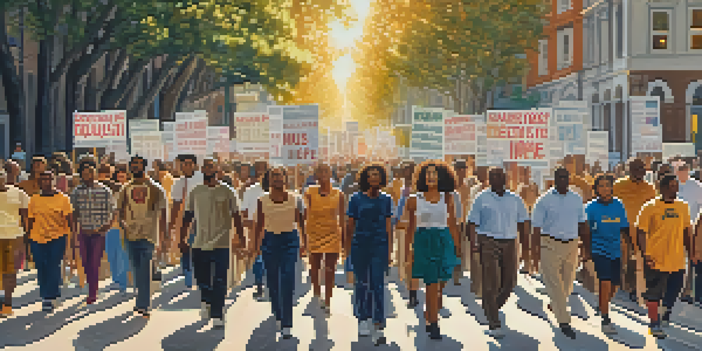 A diverse group of activists marching peacefully in a city street with banners advocating for equality and justice.