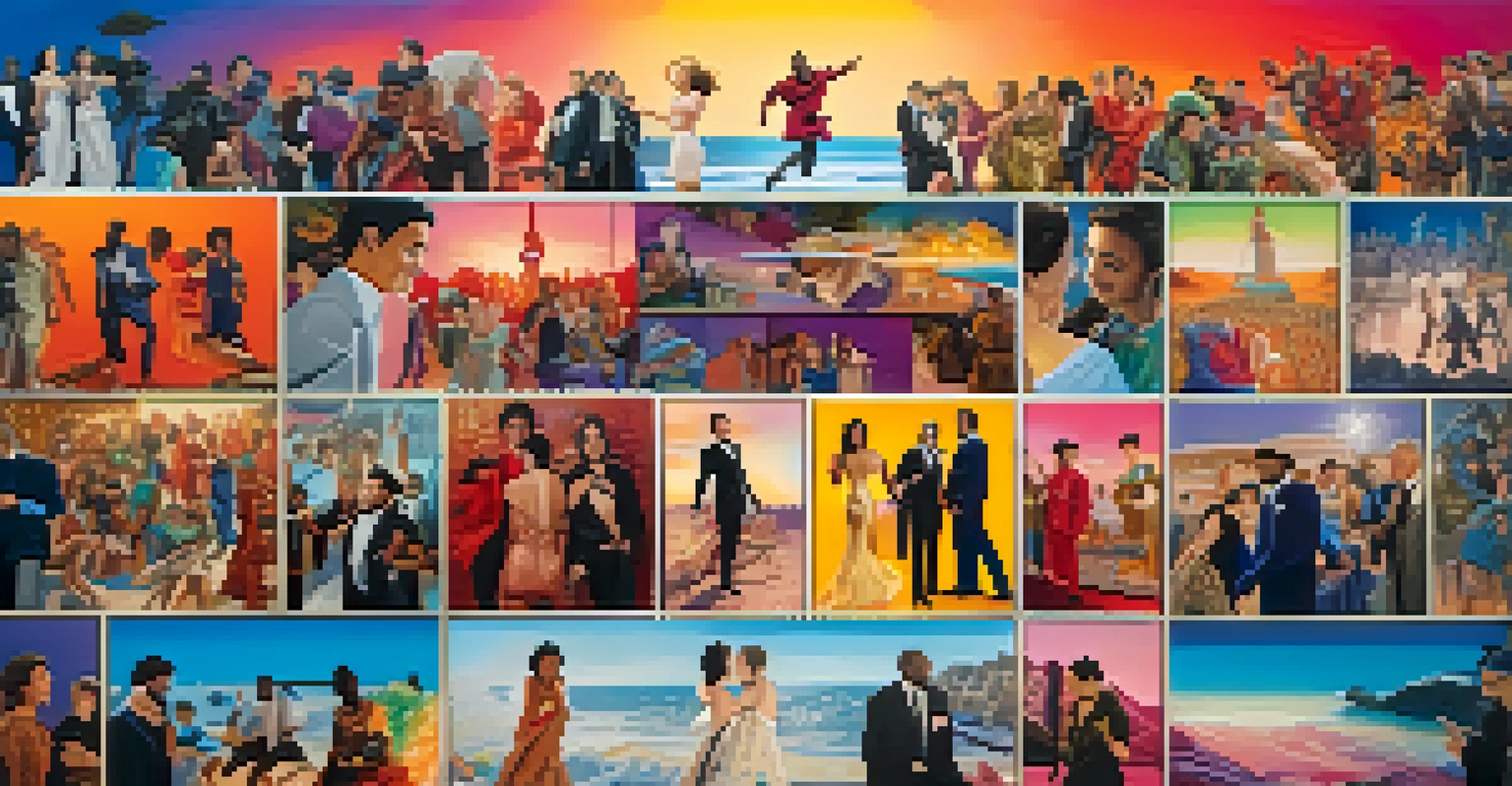 A dynamic collage of movie scenes with diverse casts, showcasing moments of joy and connection against a colorful gradient background.