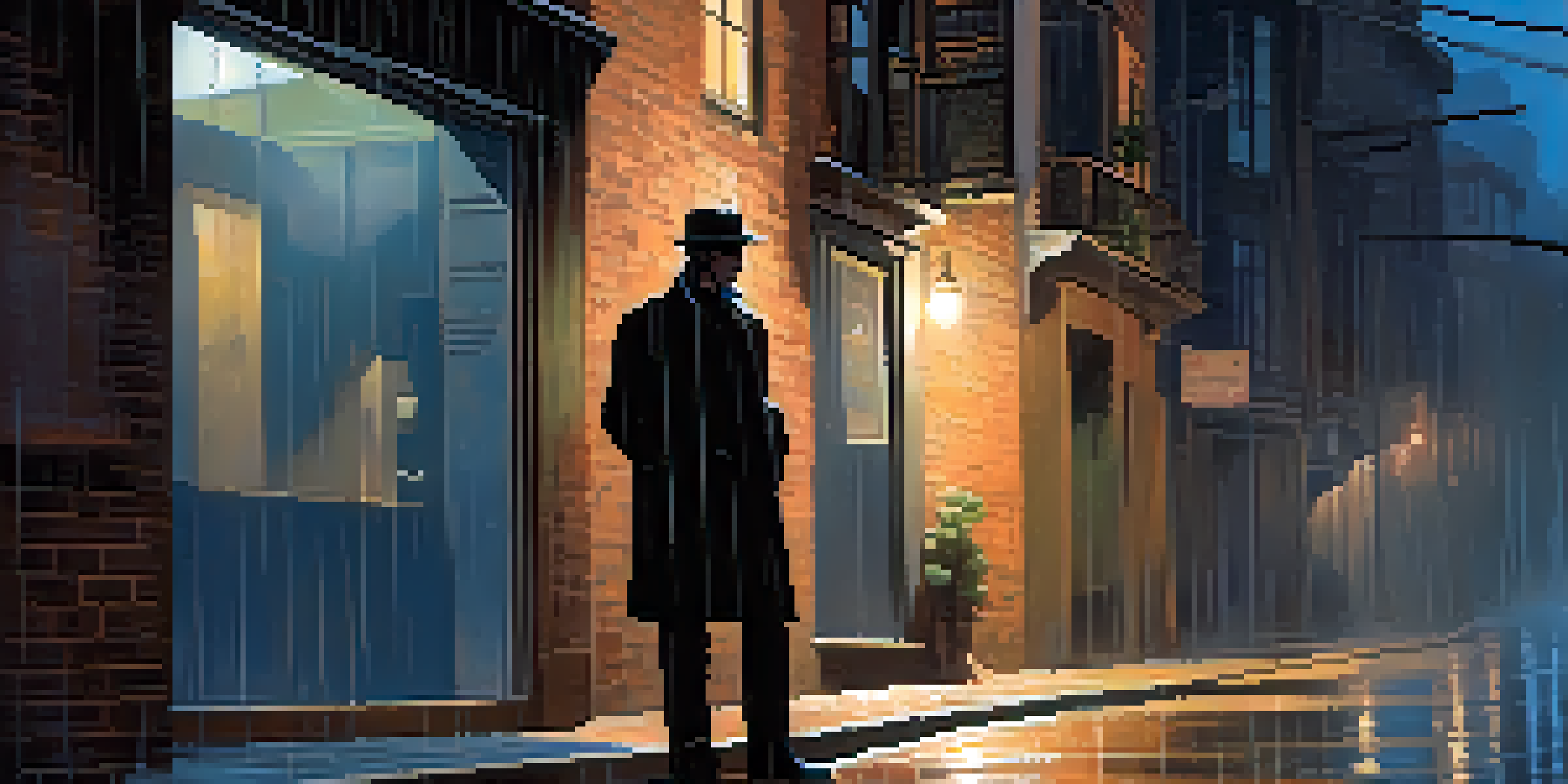 A detective stands in a dimly lit urban alley, focused and determined, while a shadowy figure lurks in the background under a flickering streetlight.