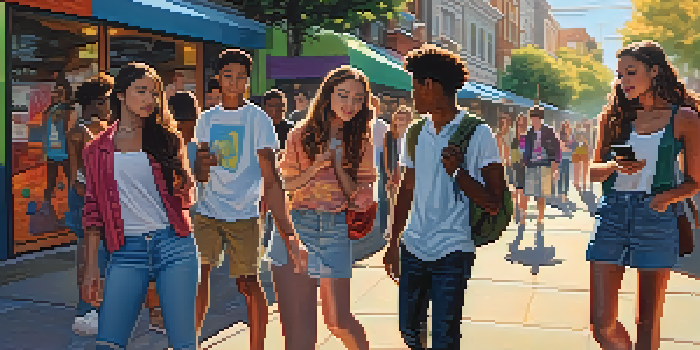 A group of diverse teenagers using smartphones on a colorful urban street, with murals of celebrities in the background and warm afternoon sunlight.