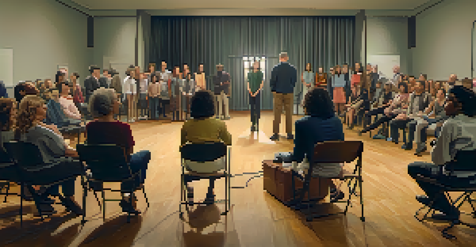 A dynamic audition scene featuring a diverse group of actors showcasing their talents in front of an attentive casting director.