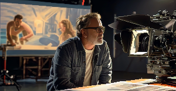 A film director discussing a scene with a cinematographer on set, surrounded by film equipment and bright lights.