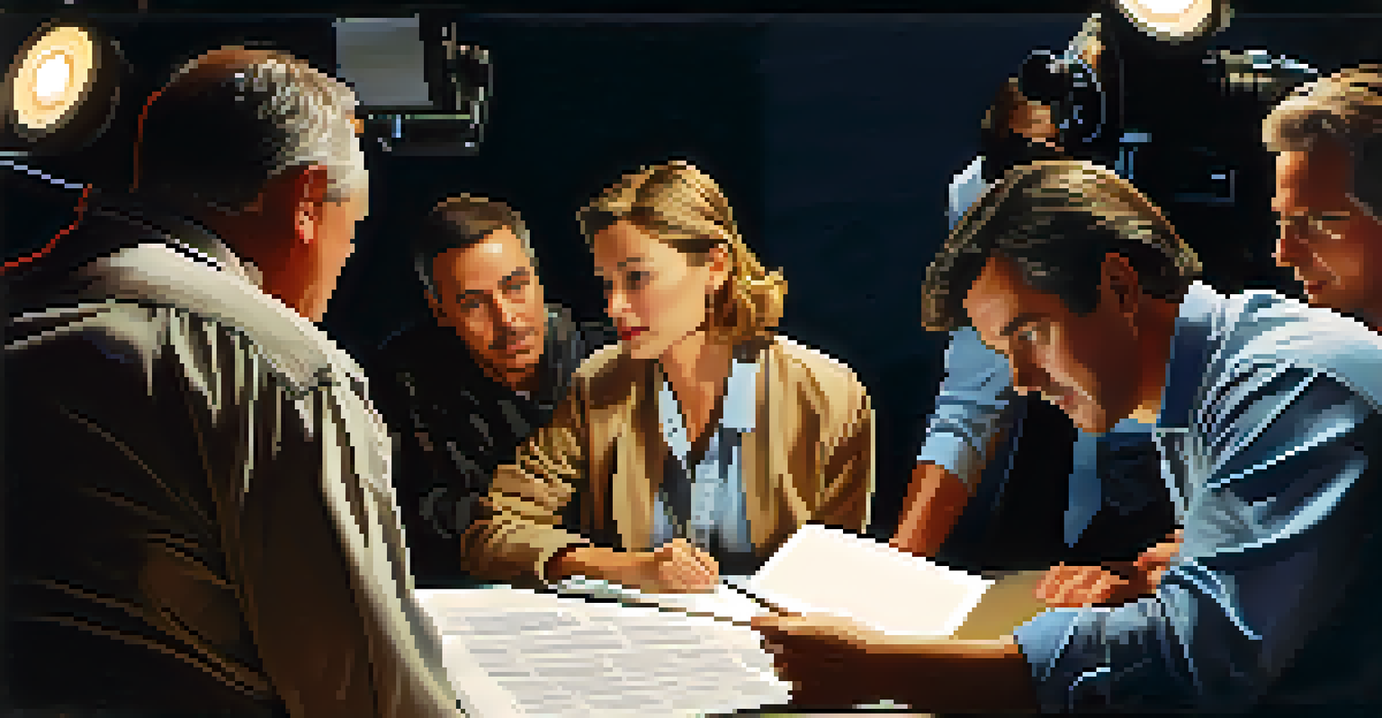 A film director on set reviewing a script, engaged in discussion with crew members, surrounded by filming equipment.