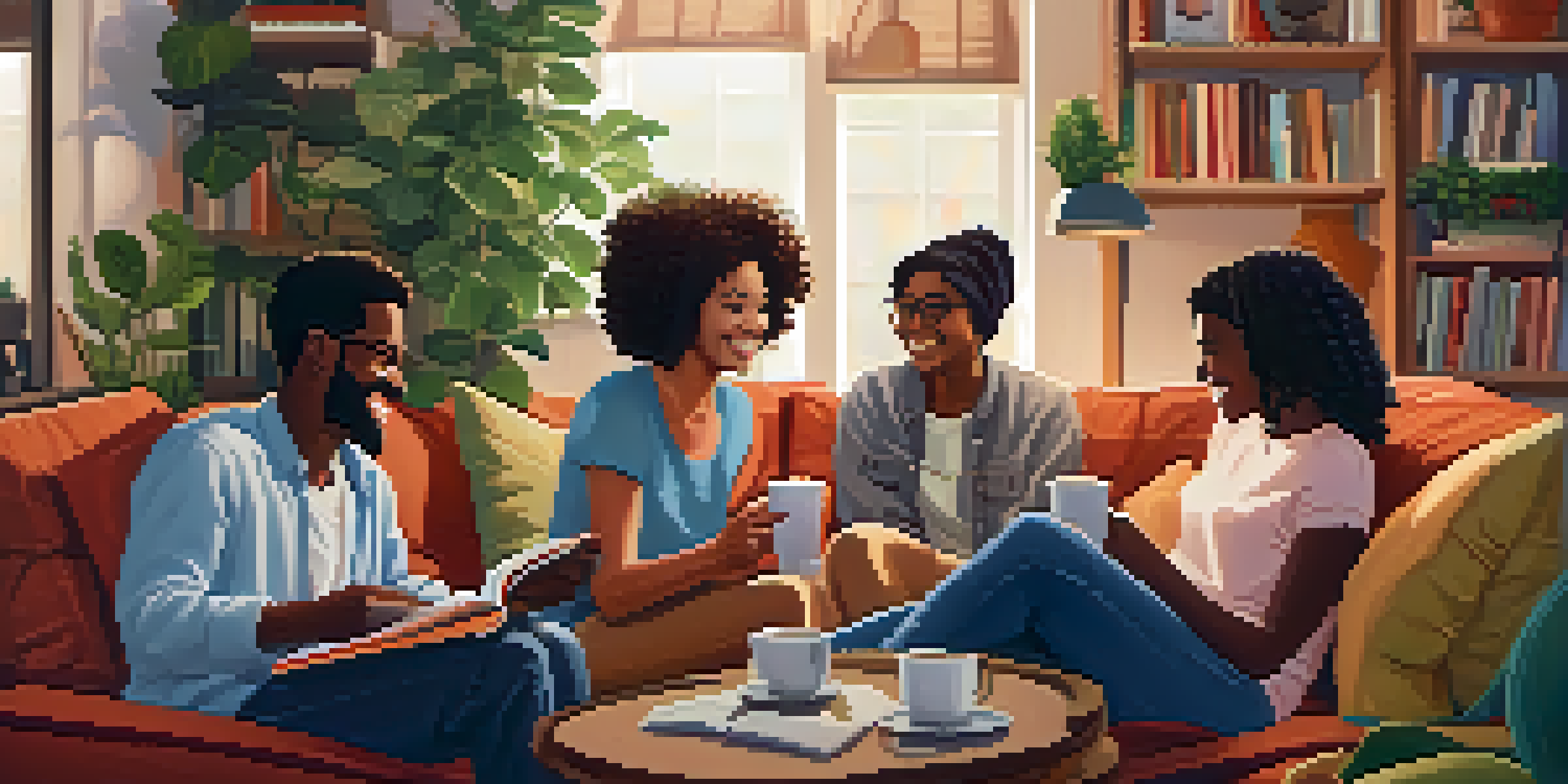 A cozy living room filled with diverse friends enjoying coffee and laughter, surrounded by books and plants.