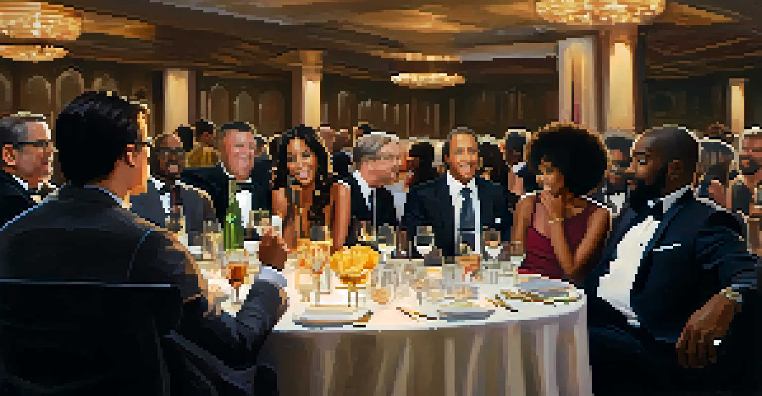 A diverse group of filmmakers and actors talking at a networking event, surrounded by elegant decor and ambient lighting.