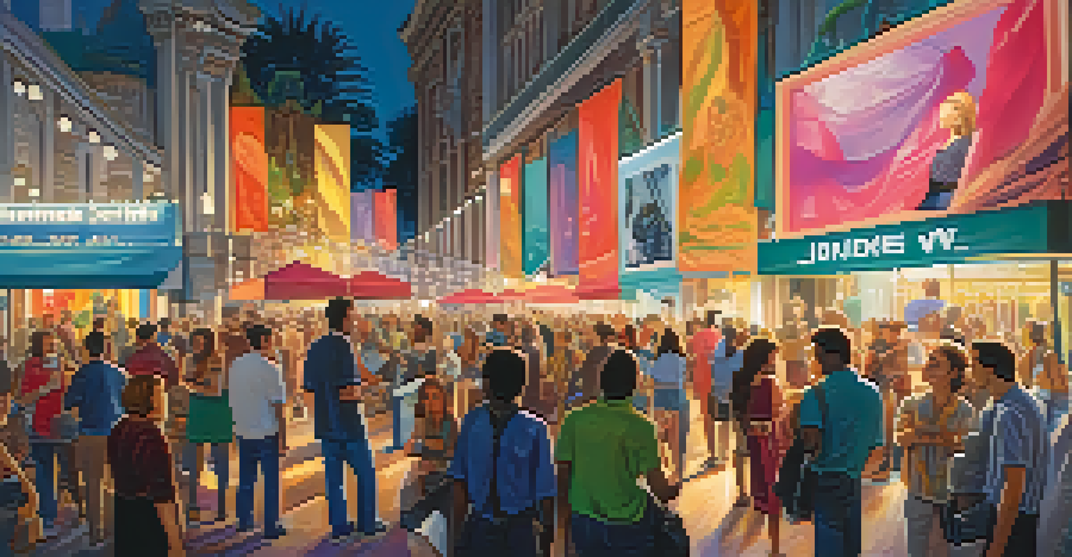 A film festival scene with talent scouts and emerging artists engaged in conversation, colorful banners in the background.