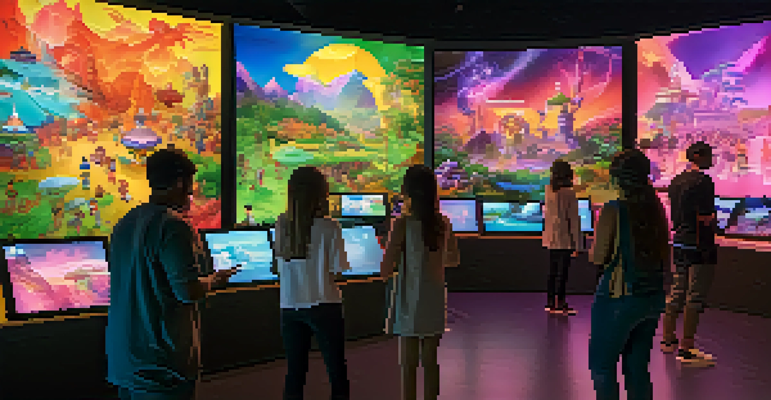 An interactive digital art display featuring diverse characters and engaging visuals in a high-tech room.