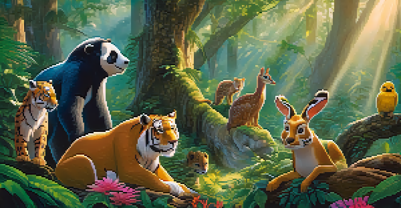 A charming forest scene with animated animals discussing friendship and acceptance, surrounded by colorful plants and sunlight filtering through trees.