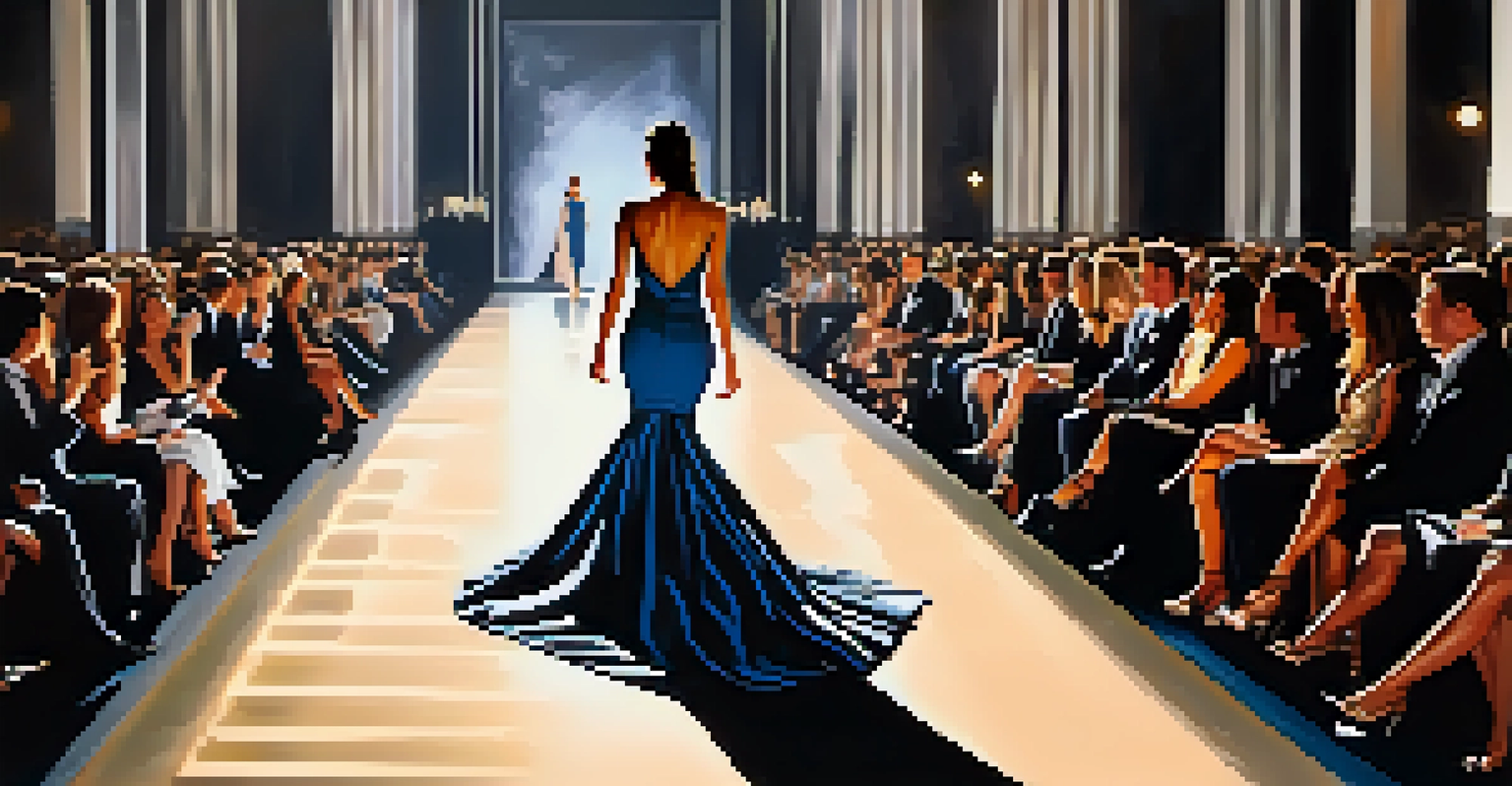 A fashion runway with a model in an elegant gown, dramatic lighting, and an audience taking pictures, capturing the glamorous atmosphere of celebrity culture.