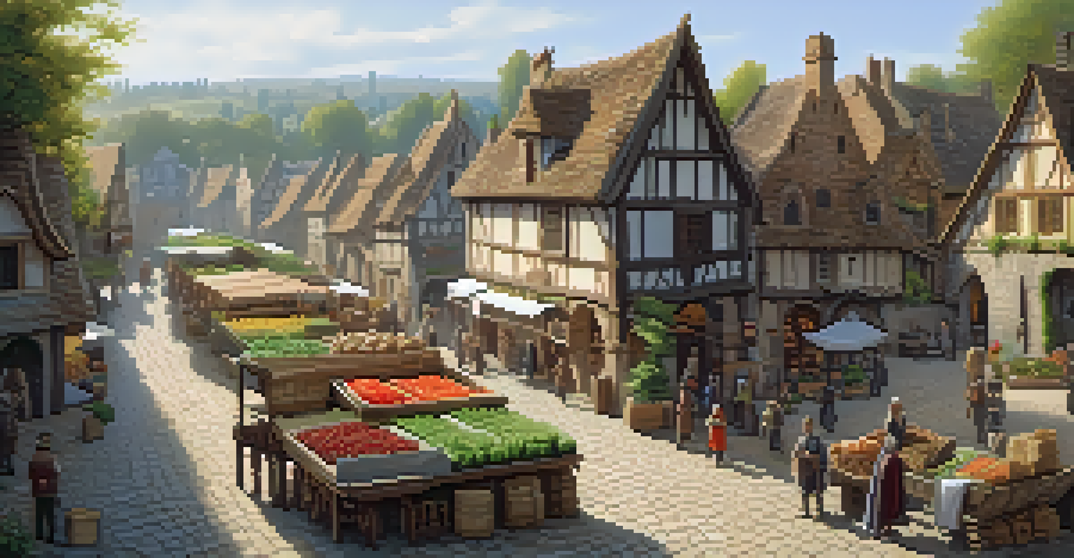 A miniature landscape of a medieval village with houses and villagers in morning light.