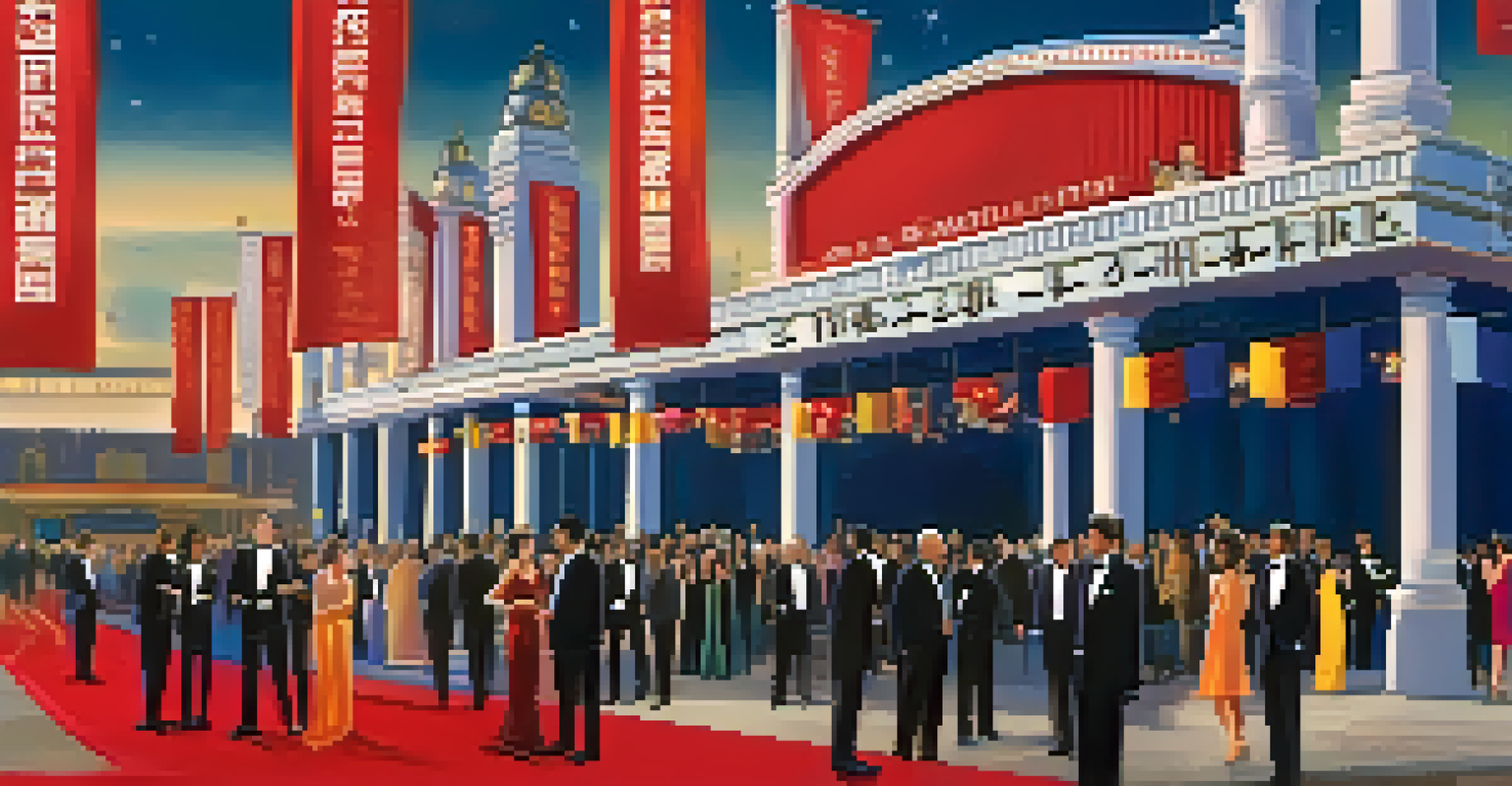 A red carpet event at an international film festival, featuring filmmakers from different countries and a grand theater under a deep blue sky.