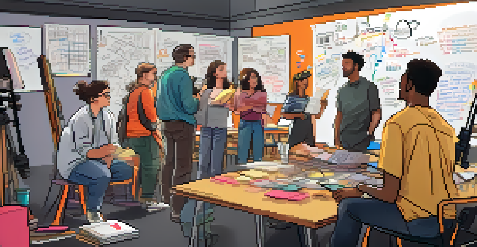 A busy film set with creators discussing ideas for a streaming series, surrounded by equipment and a whiteboard.