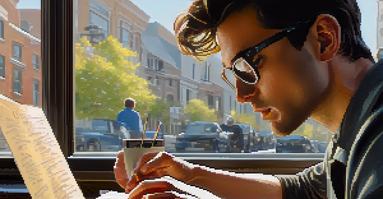 A filmmaker studying SAG guidelines on a laptop, with papers and coffee in a bright workspace.