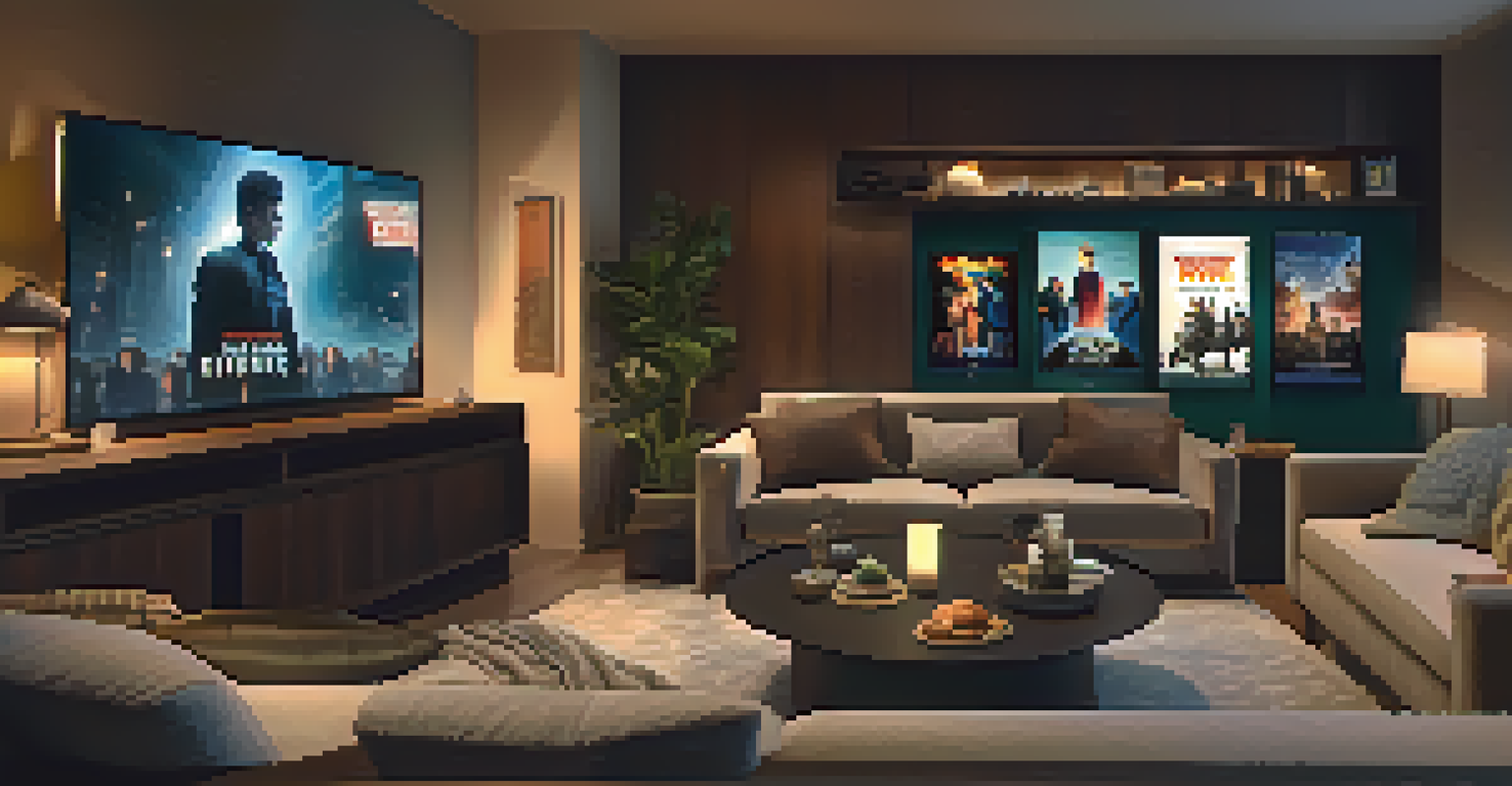 A modern living room with a screen displaying movie posters for digital streaming.