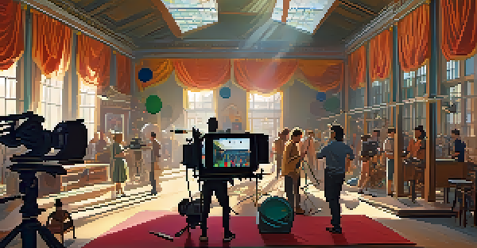 A busy film set with actors and crew members preparing for a scene, filled with colorful props and warm sunlight.
