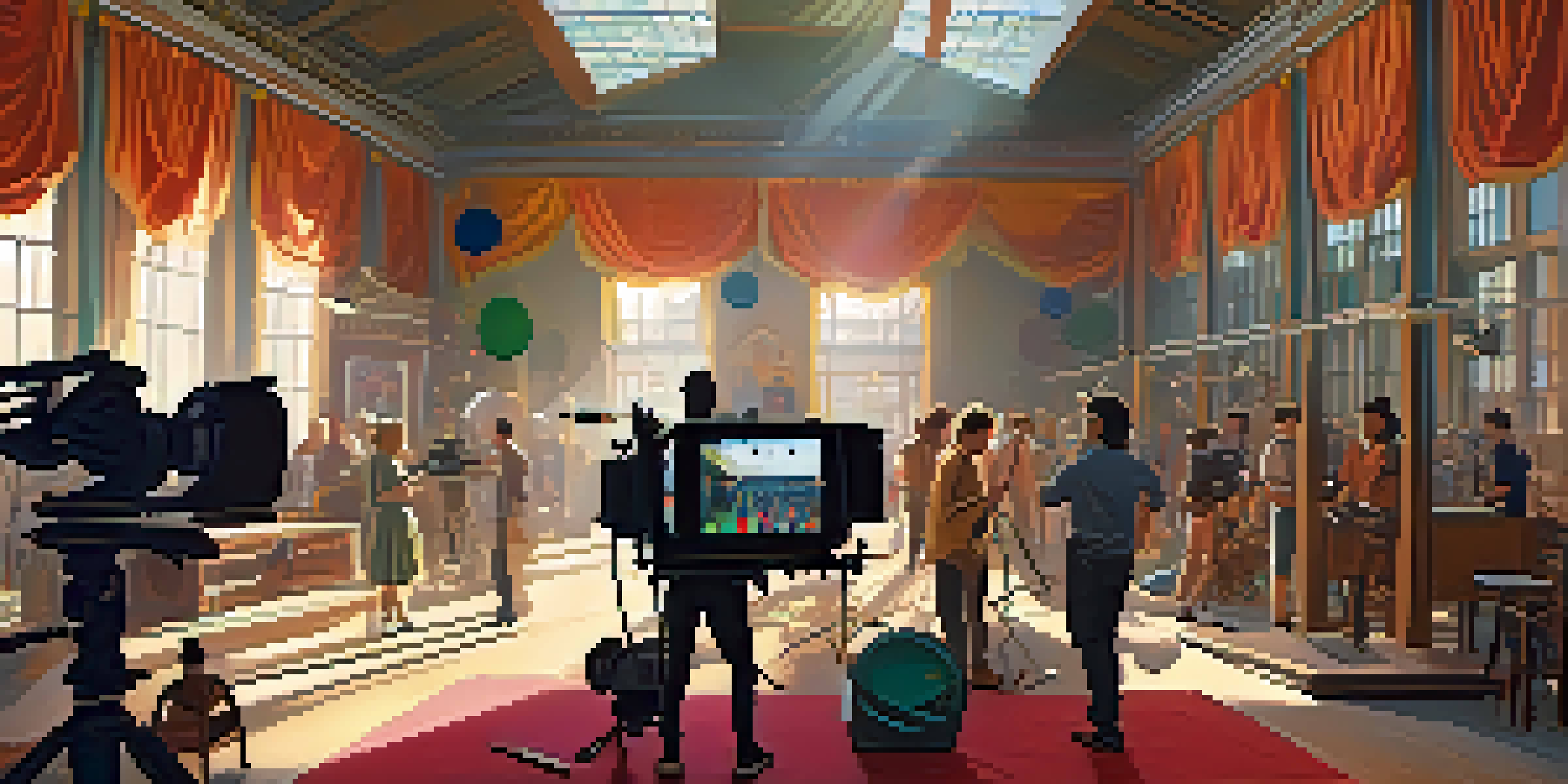 A busy film set with actors and crew members preparing for a scene, filled with colorful props and warm sunlight.