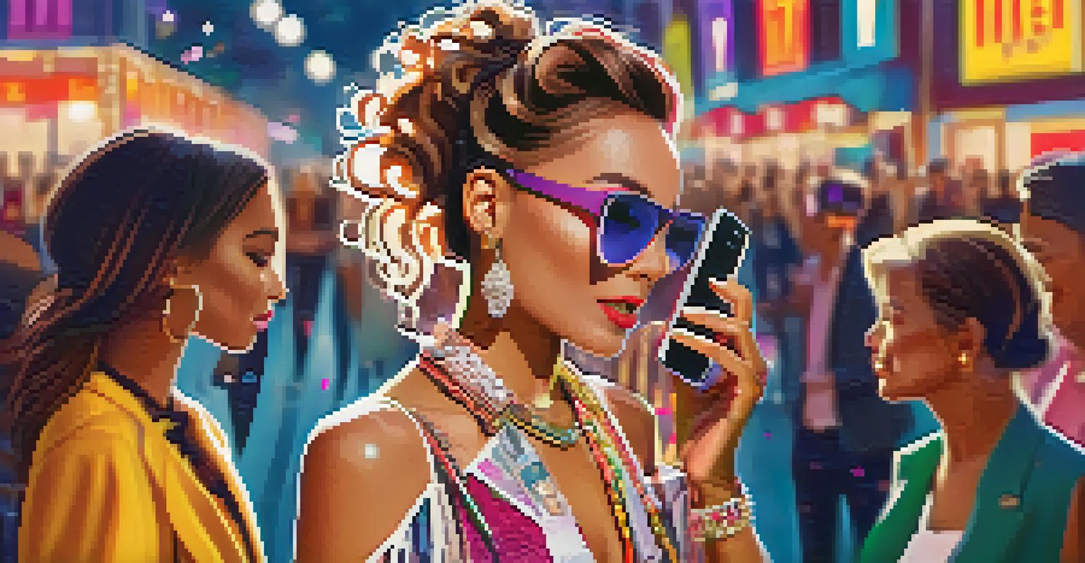A fashionable influencer taking a selfie at a film festival, surrounded by a lively crowd and festival decorations.