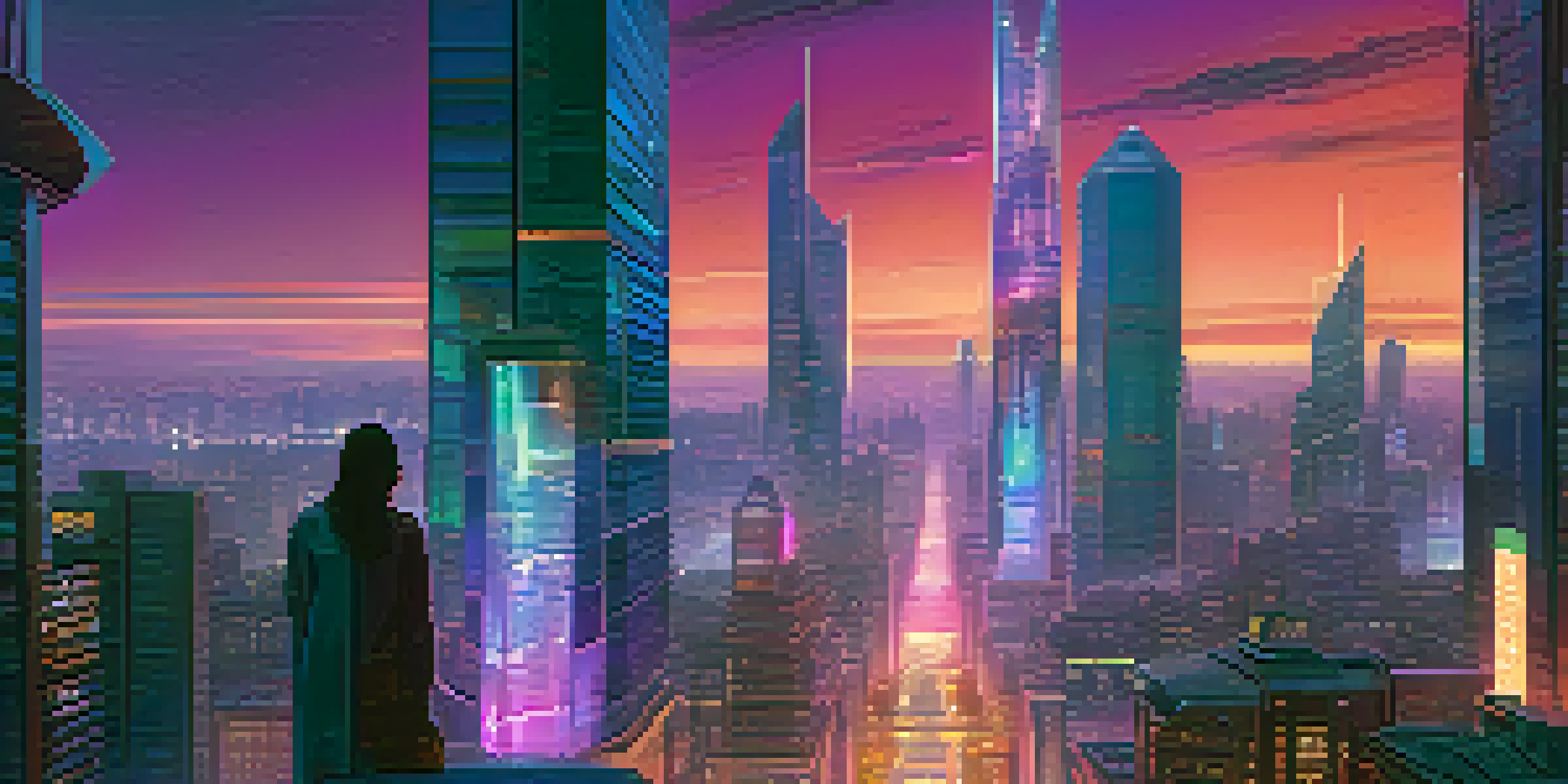A vibrant futuristic city skyline at dusk with neon lights and diverse people using advanced technology.