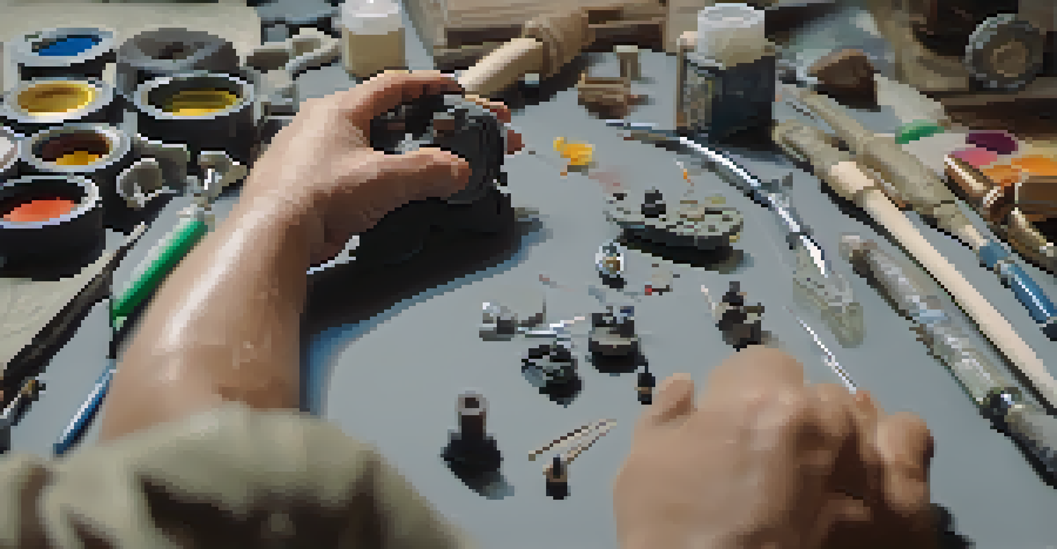 A close-up of a hand adjusting a clay figure in a stop-motion setup, with tools and props visible, illuminated by bright lighting.