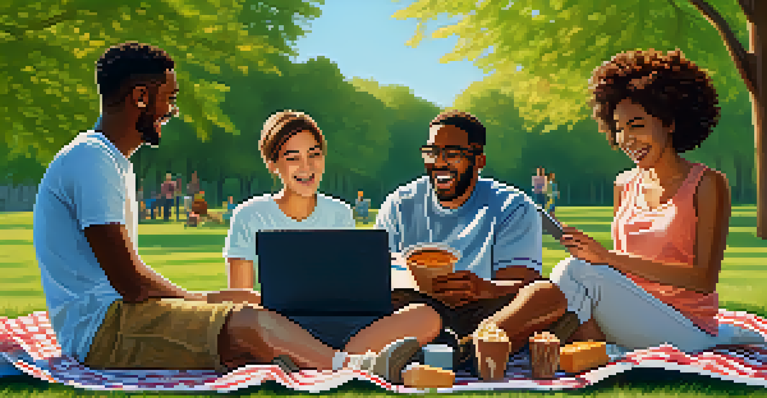 A diverse group of friends enjoying a movie on a laptop outdoors, surrounded by nature and smiling.