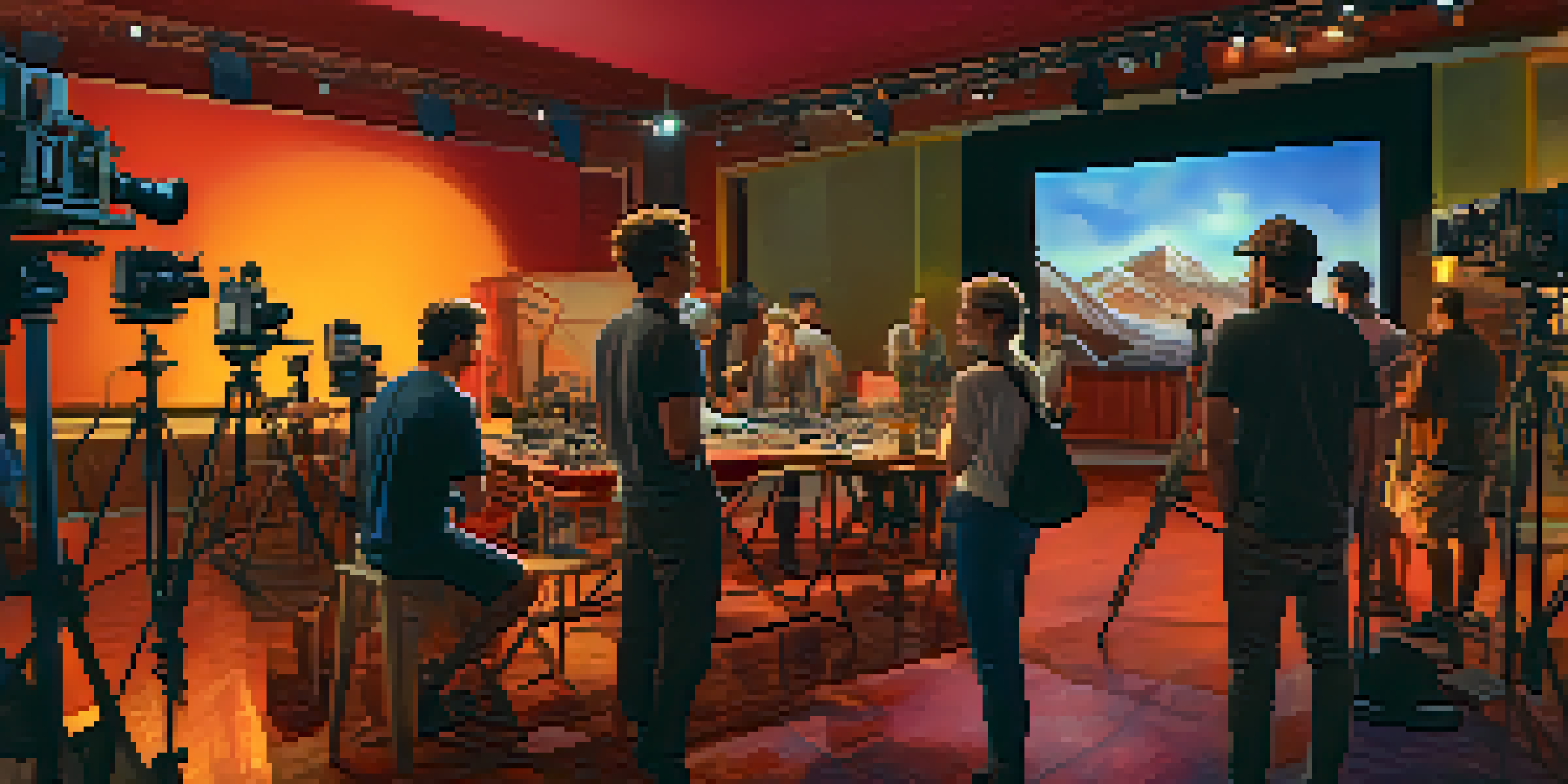 A busy film set with crew members working on a movie, featuring cameras, lighting, and actors preparing.