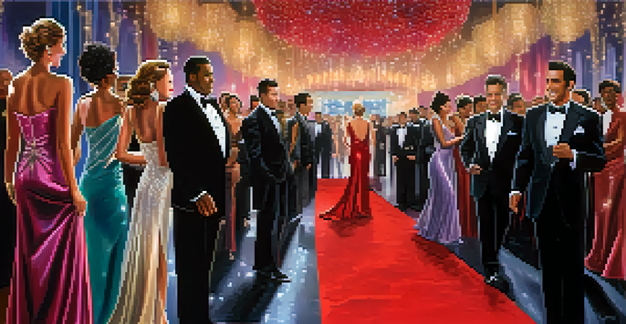 A colorful red carpet event with celebrities dressed in elegant gowns and tuxedos, surrounded by sparkling lights.