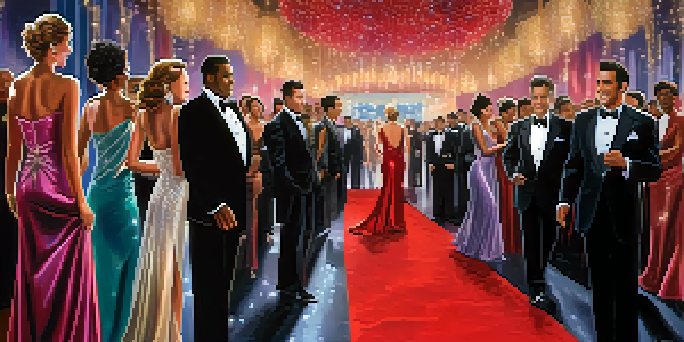 A colorful red carpet event with celebrities dressed in elegant gowns and tuxedos, surrounded by sparkling lights.