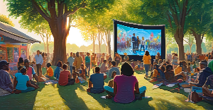 A lively film festival scene showcasing diverse filmmakers engaging in conversation, with colorful banners and a large outdoor screening.
