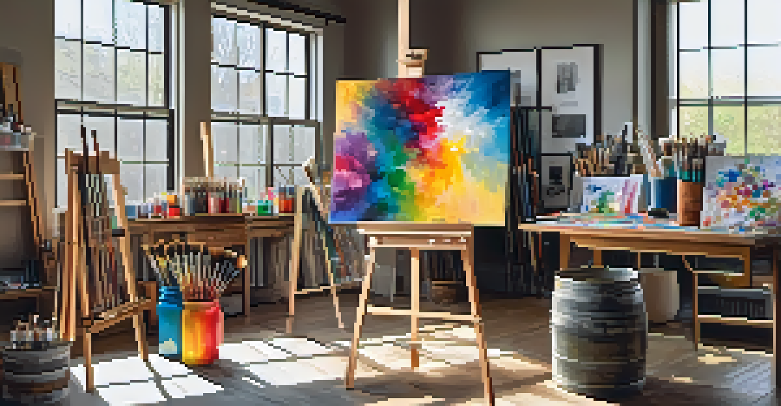 An artist's studio with colorful paintings, brushes, and natural light from skylights.