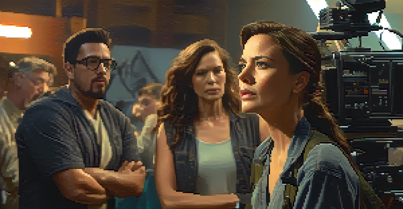 A close-up of a female director directing a scene on film set, surrounded by focused crew members and vibrant set details.