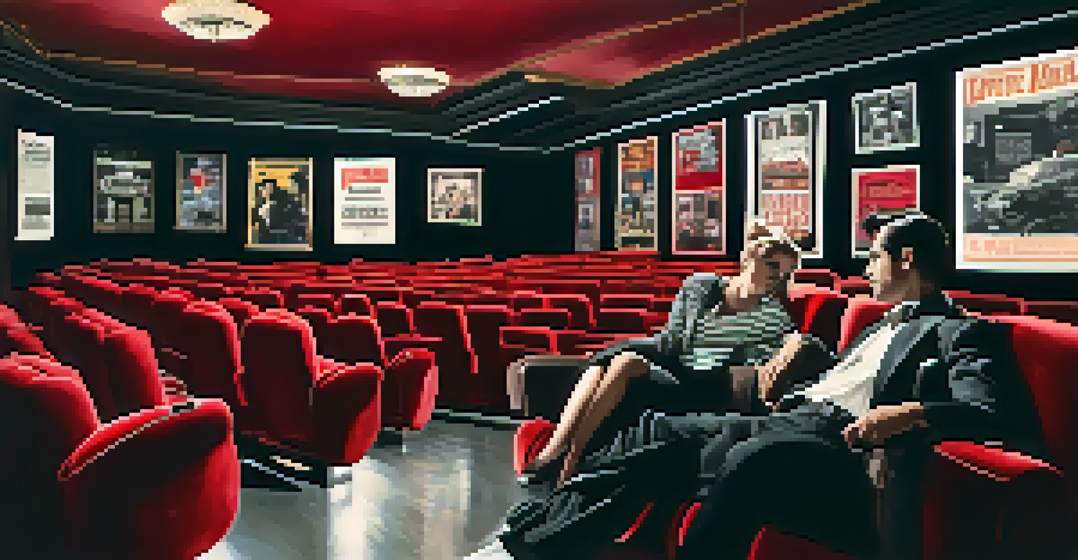 A vintage Hollywood-themed cinema interior with classic film posters, warm lighting, and a couple watching a black-and-white film in plush red velvet seats.