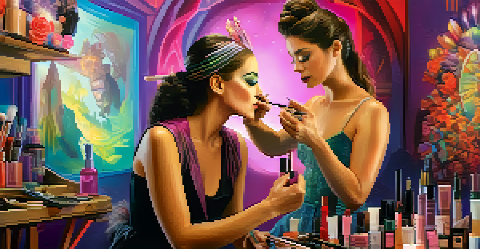 A make-up artist applying special effects make-up to an actor on a vibrant film set.