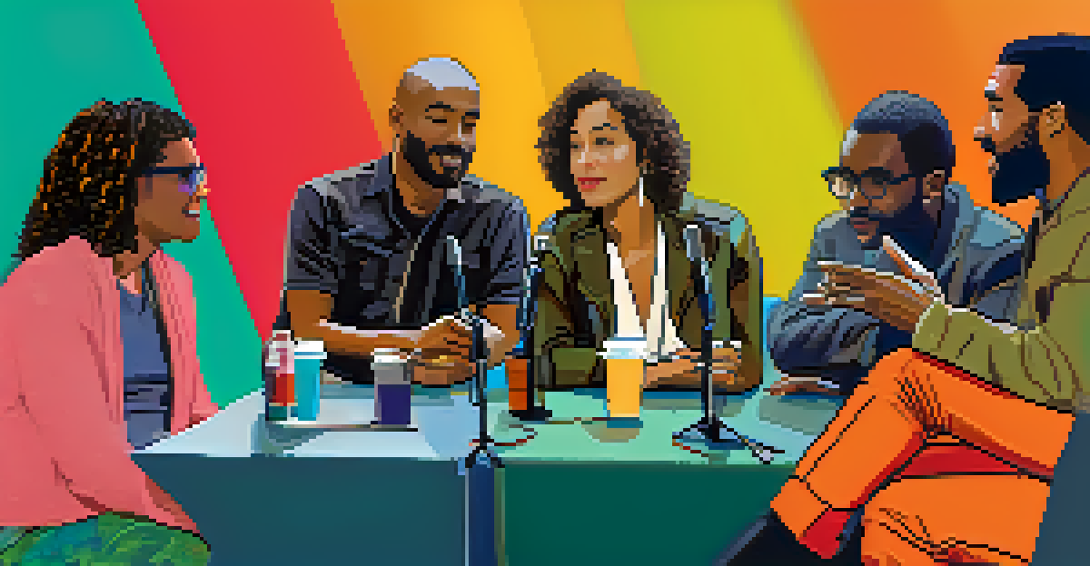 A panel discussion at a film festival with diverse filmmakers at a table, an engaged audience, festival logo backdrop, and colorful lighting.